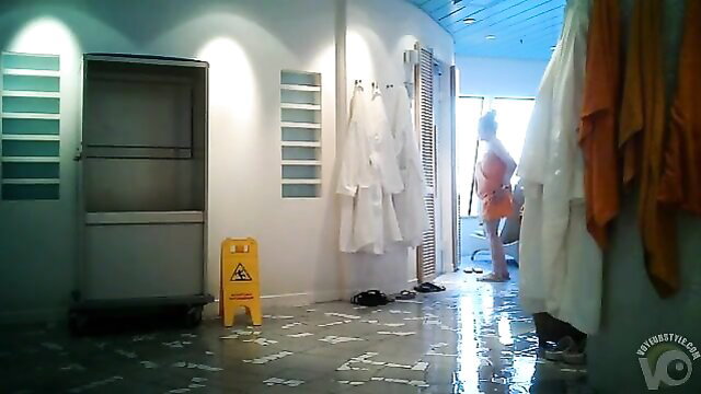 Nude women wet bodies spa orgy mopping slippery floor