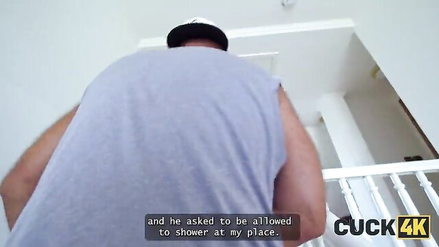 Czech cuckold hubby watches stranger climb stairs to shower at home