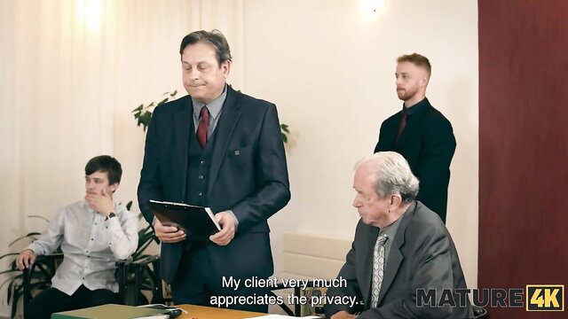 Mature men in suits at cheating court hearing, babe punished