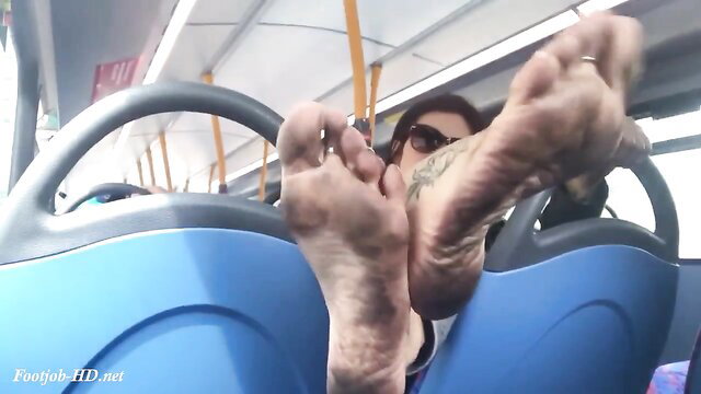 Dirty girl flashes bare dirty soles on bus, feet fetish tease