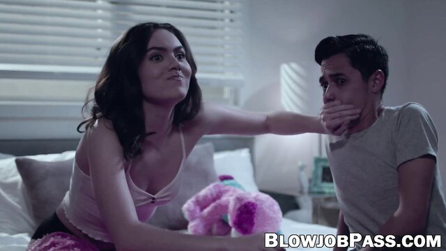 Freya Parker in pink lingerie on bed with teddy bear, Blowjobpass