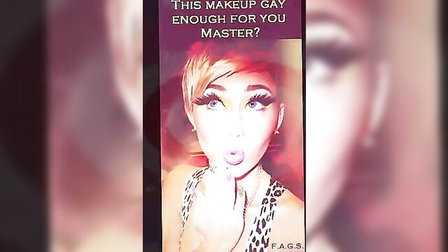 Sissy hypno girl with bold makeup, glossy lips, leopard top teases