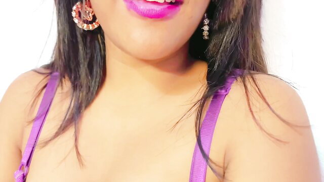 Sri Lankan babe in purple lingerie with hoop earrings and glossy lips