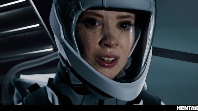 Bella Spark in spacesuit helmet, freckled face, intense gaze from hentai
