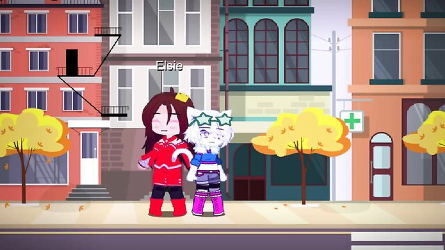 Redhead girlfriend Elie hugs white foxgirl Shiro on autumn street, giantess tease