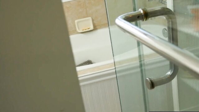 Lana Rhoades in luxurious shower bathroom grab bar closeup