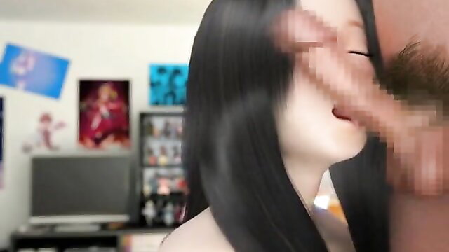 3D cute Japanese girl closeup blowjob on thick cock