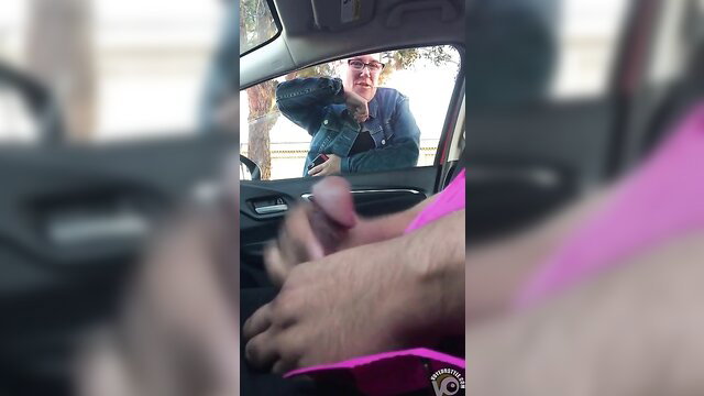 MILF watches perv jerking off cock through car window