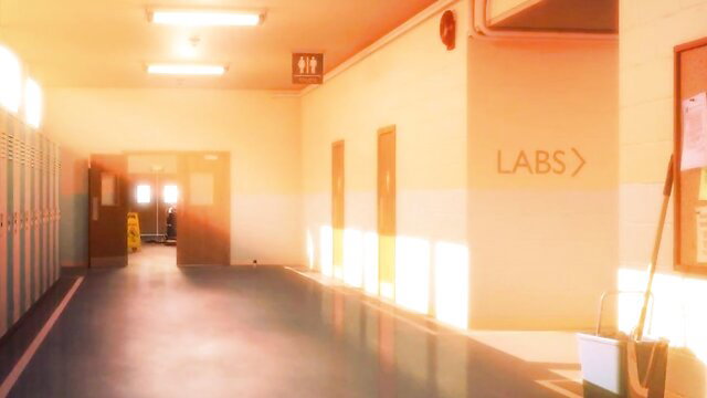 Anime school hallway leading to labs, sunny glow
