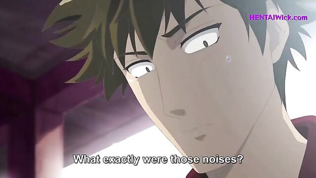 Anime guy with intense glare asking 'What exactly were those noises?' in JAV hentai scene