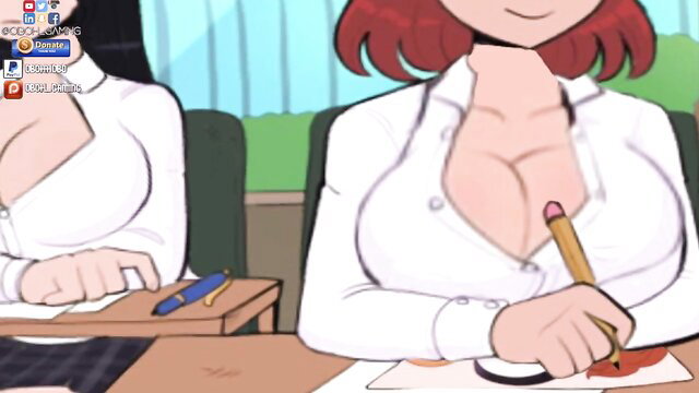 Animated redhead schoolgirl with huge tits writing at desk, black-haired busty teacher beside