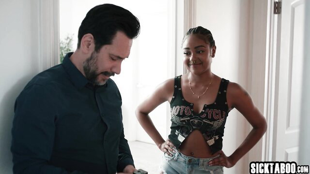 Stepdad Destiny Mira in tight top and shorts at door