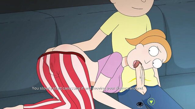 Rick and Morty hentai: guy fingers stepsister Summer's pussy from behind on couch