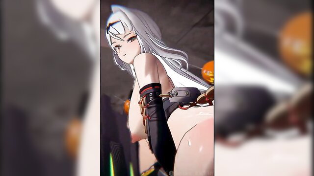 Silver-haired anime beauty in black straps shows huge ass and tits