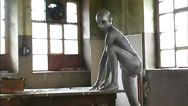 Sexy silver alien woman-robot crouching nude, craving hardcore sex