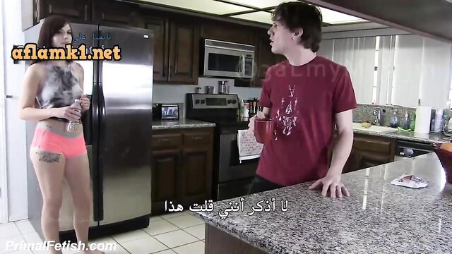 Hot Asian stepsis in pink shorts seduces brother in kitchen sex