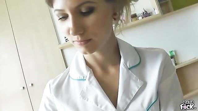 Hot nurse in tight white uniform closeup, ready for sex treatment
