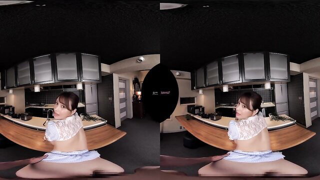 Asian bimbo in sheer lingerie bends over kitchen counter POV