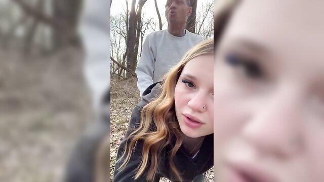 Blonde teen with older man on walk in woods, amateur outdoor tease