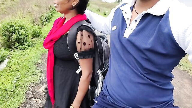 Permi Pooja hot Desi village girl in black saree with arm guy on hike