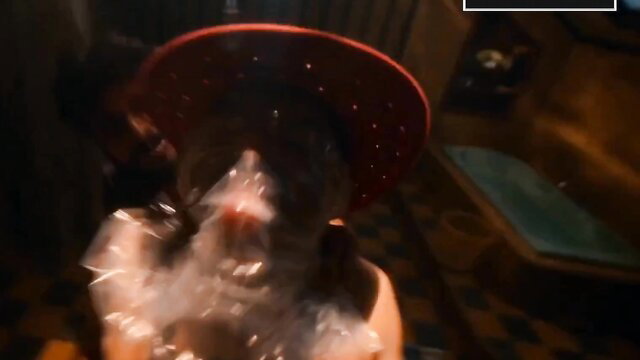 Man in red helmet with facial cumshot