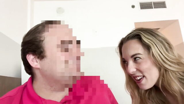 Blonde babe smiles playfully with blurred guy in pink shirt amateur fan fuck