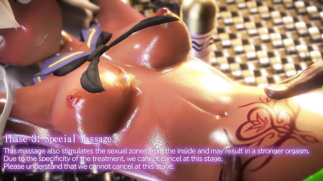 Asian babe with huge tits on table for special erotic massage treatment