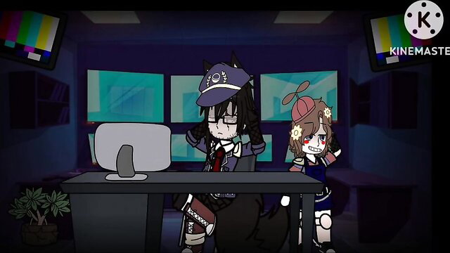 Anime police girl with wolf ears at desk, cute fox girl behind in control room