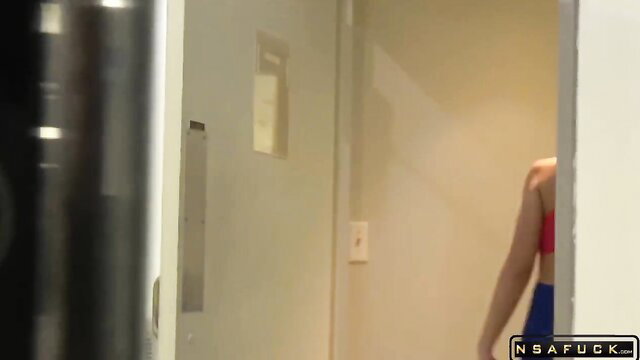 Cheating stepsister Michele Ja caught peeking in gym door, tight red top blue shorts