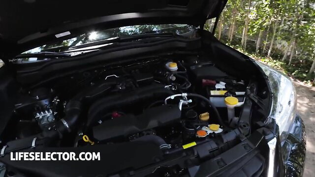 Subaru Forester engine bay open outdoors, Life Selector watermark