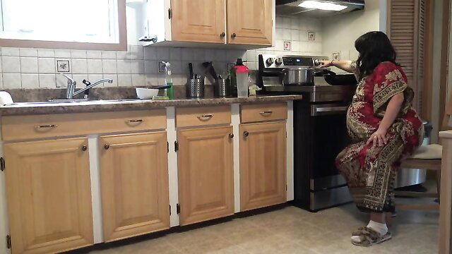 Pregnant Asian stepmom in dress cooking, cheating with stepson