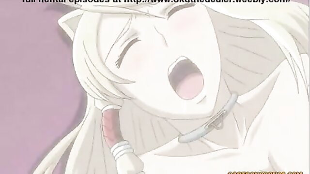 Blonde hentai girl moaning in ecstasy, cat ears, collar, orgasm face