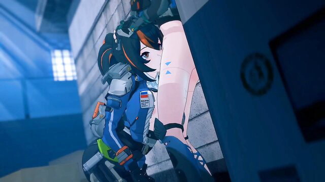 Zhu Yuan in tight blue sci-fi suit, orange hair, teasing pose from Qingqi break