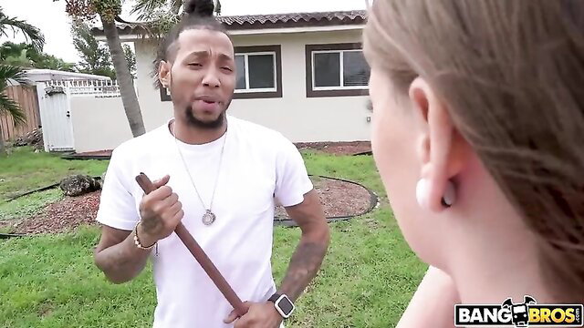 Alex Blake faces BBC guy with stick outdoors in BangBros teen XXX