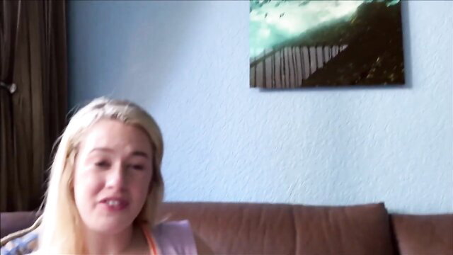 Blonde Anya Olsen smiling in Family Therapy breeding scene