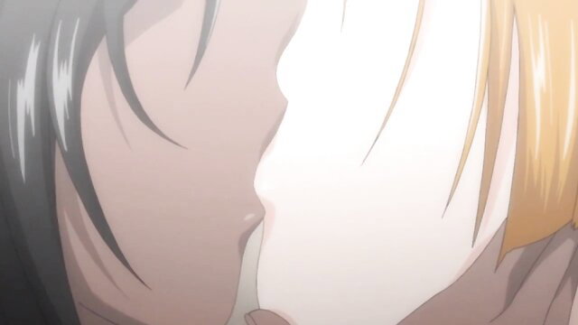 Anime lesbian hentai kiss: black hair teacher smooches blonde teen girl
