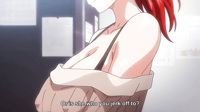 Redhead hentai girlfriend with huge tits in slipped dress, teasing pose