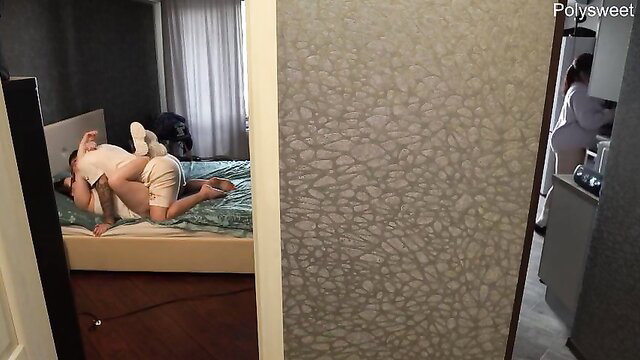 Wife spies on cheating husband fucking young Asian girl missionary on bed