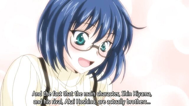 Blue-haired busty anime teen with glasses smiles happily in hentai JAV