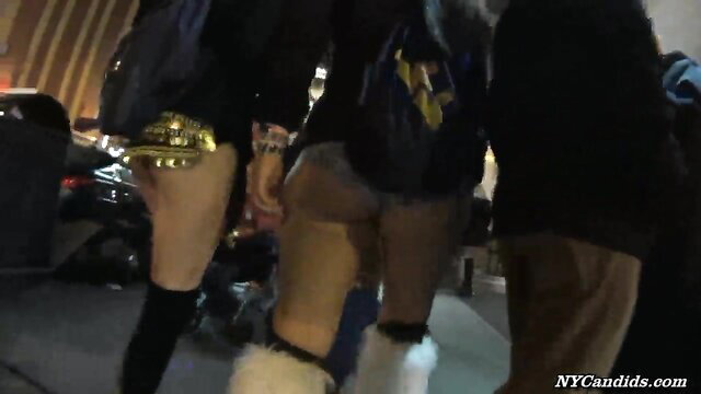 Candid street party girl in gold heels, thigh-highs, flashing ass cheeks