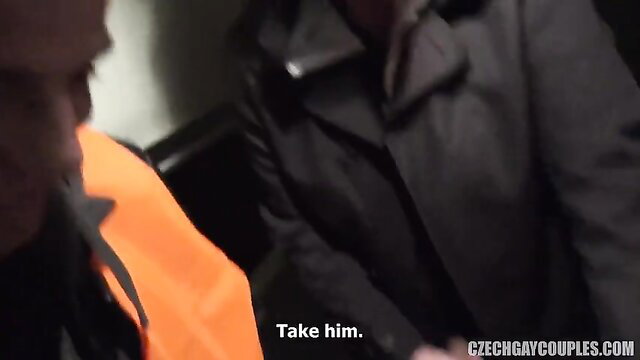 Men grabbing guy in coats for rough gay parking lot action