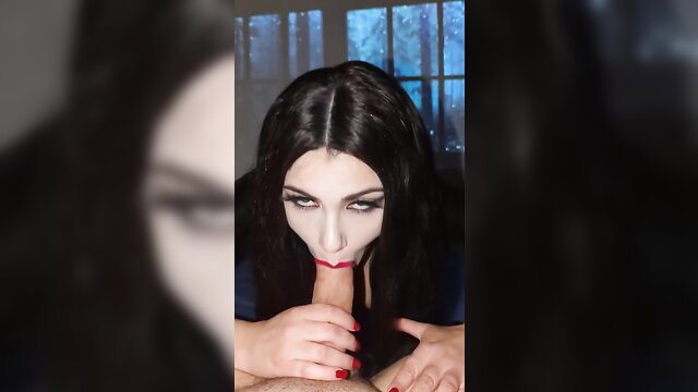 Goth cosplay babe with pale makeup deepthroating cock closeup