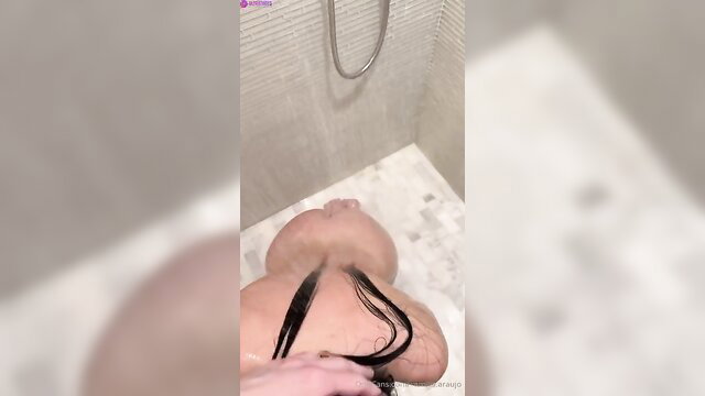 Camilla Araujo wet black hair shower tease closeup