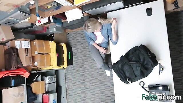 Blonde nervous teen accused of shoplifting sits clothed in storage room