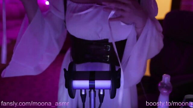 Moon ASMR in sheer white lingerie corset corset, busty Asian ASMR tease
