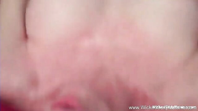 Close-up of nasty blonde GILF's wet shaved pussy spread wide