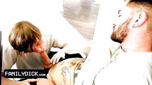 Horny stepdad's cock in inexperienced young boy's mouth closeup