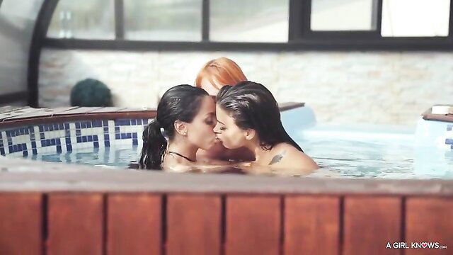 Euro babes lesbian threesome kissing in hot tub