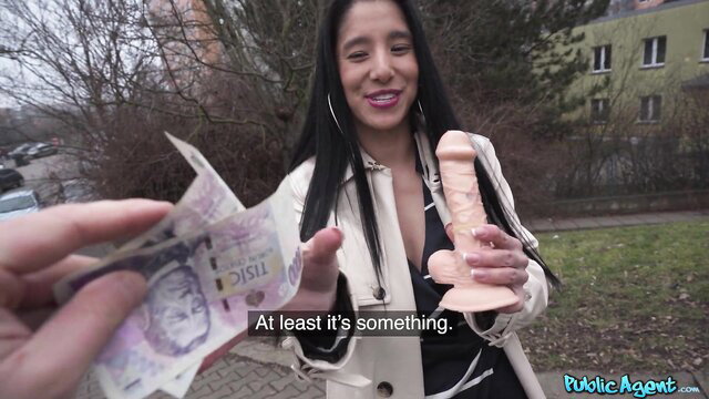 Asian beauty in coat takes cash and dildo outdoors POV public agent