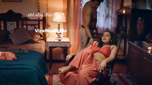 Aliya Naaz in red saree bra, sexy Indian couple bedroom tease